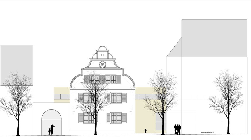 Technische Zeichnung der Vorderansicht des geplanten Kinderhauses. Bild: TU Darmstadt.