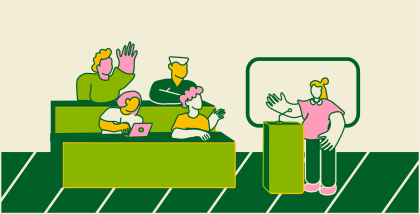 Illustration mit Dozent:in und Studierenden in einem Hörsaal